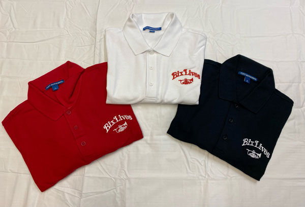 Image of Bix Jazz Society Polo shirts in red, white, and black designs