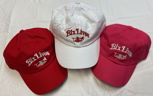 Image of Bix Jazz Society ballcaps in red, white, and pink designs